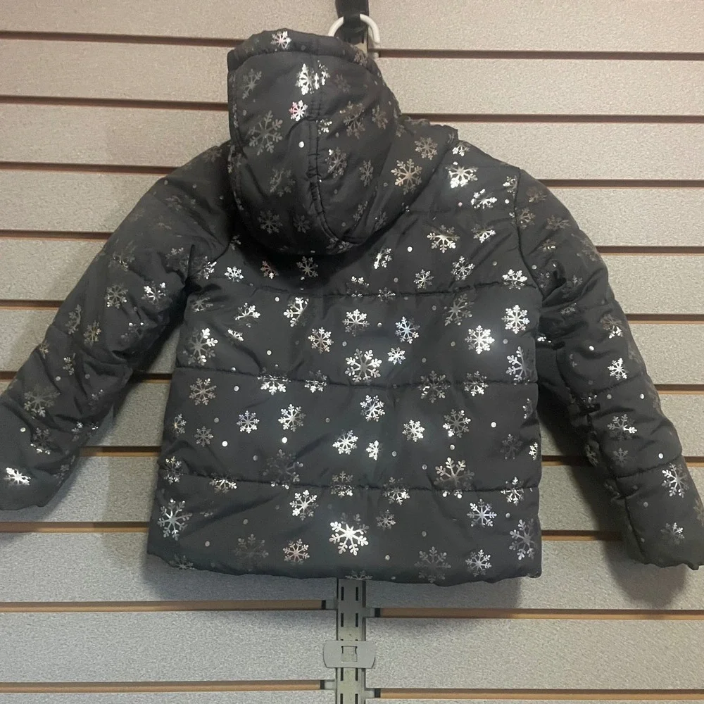 Gymboree Girls Gray Silver Metallic Snowflake Puffer‎ Jacket Hooded Size S 5-6